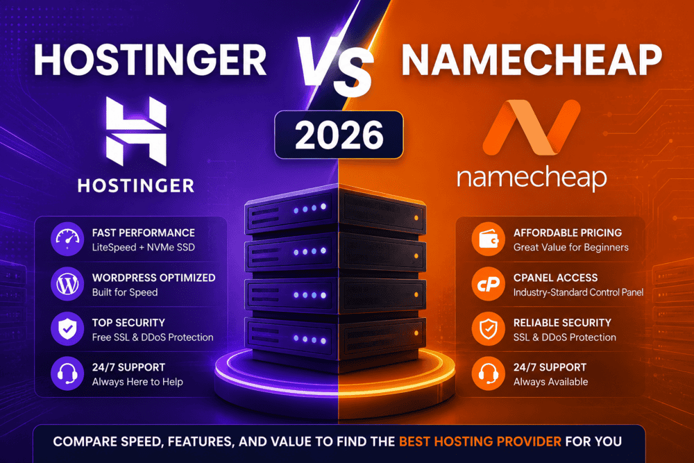 Hostinger vs Namecheap 2026 comparison showing performance, features, pricing, and hosting benefits.