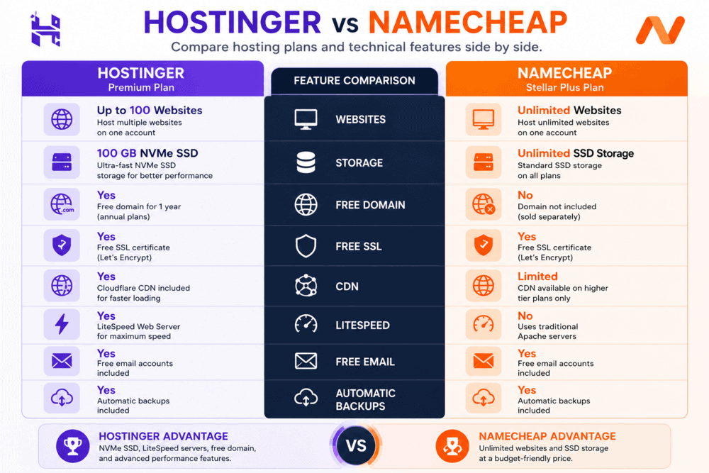 Hostinger vs Namecheap hosting plans comparison showing storage, free domain, SSL, and technical features.