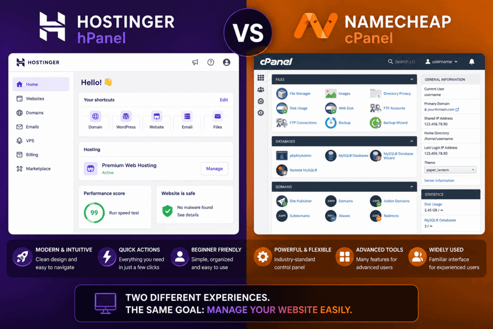 Hostinger vs Namecheap comparison showing hPanel and cPanel interfaces side by side.