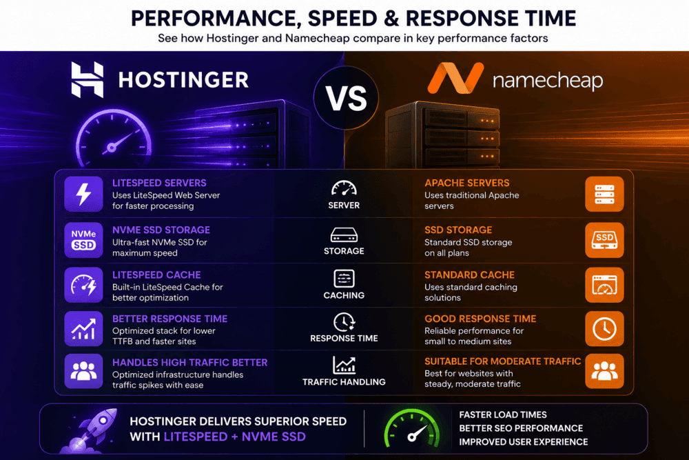 Hostinger vs Namecheap performance comparison highlighting LiteSpeed servers, NVMe SSD storage, and response time differences.