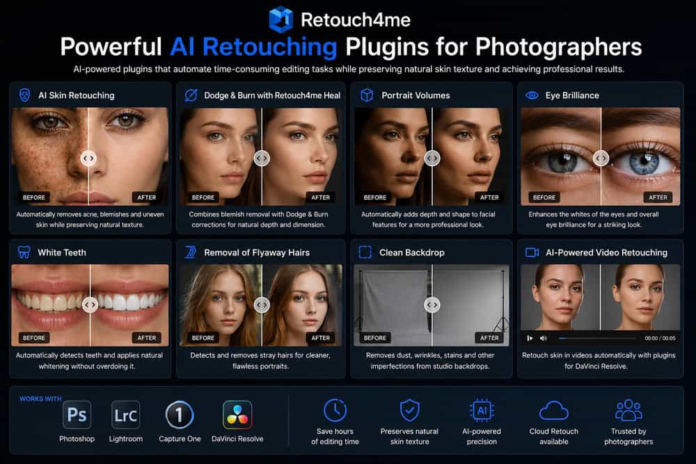 Main AI retouching features available in Retouch4me plugins