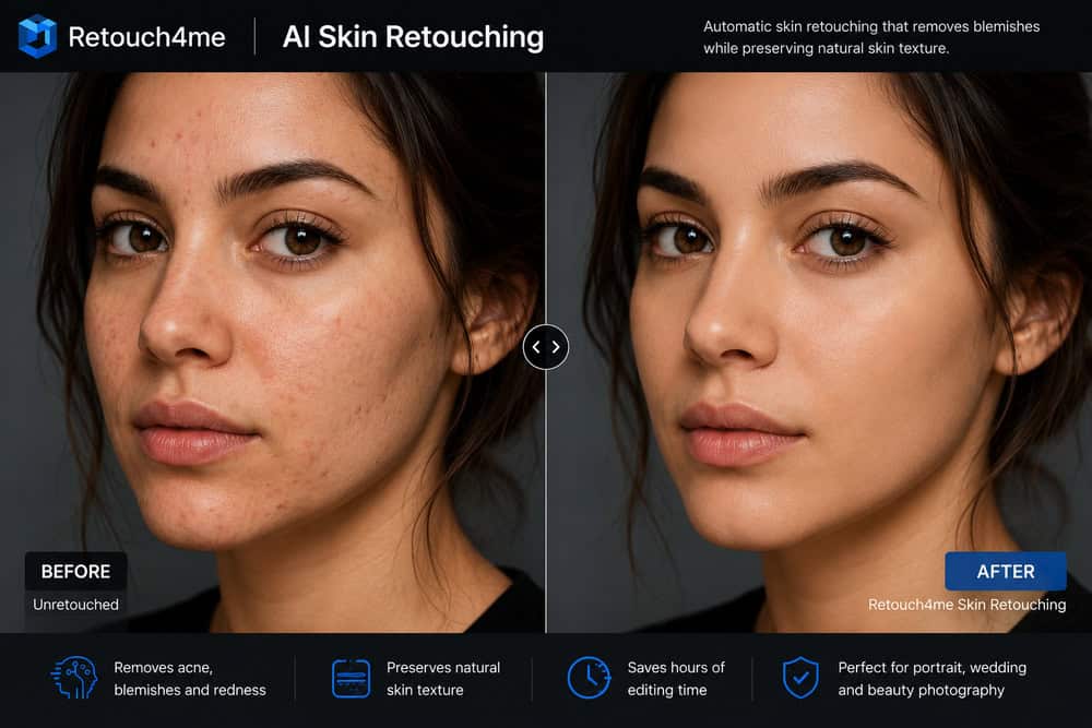 Before and after example of Retouch4me AI skin retouching