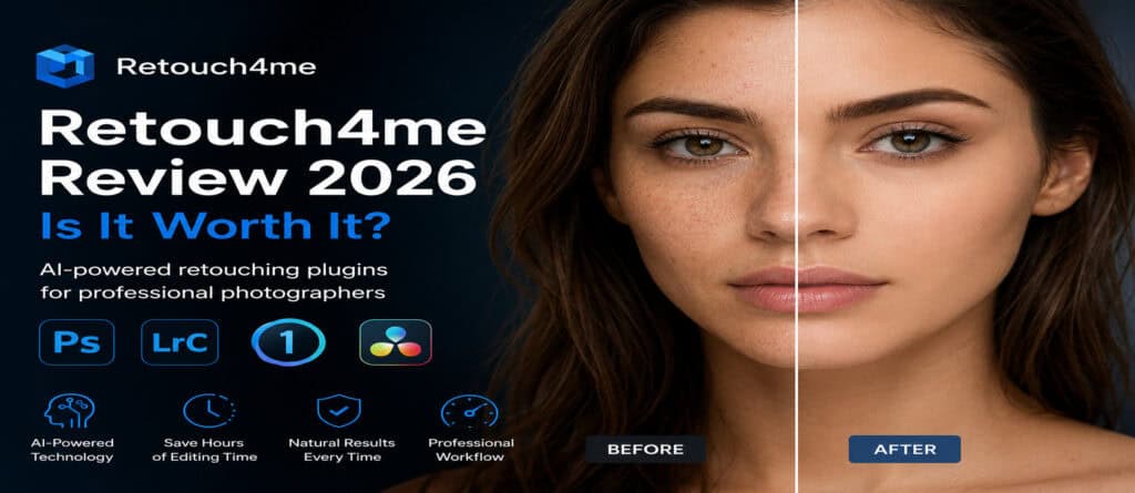 Retouch4me Review 2026 showing before and after AI skin retouching results
