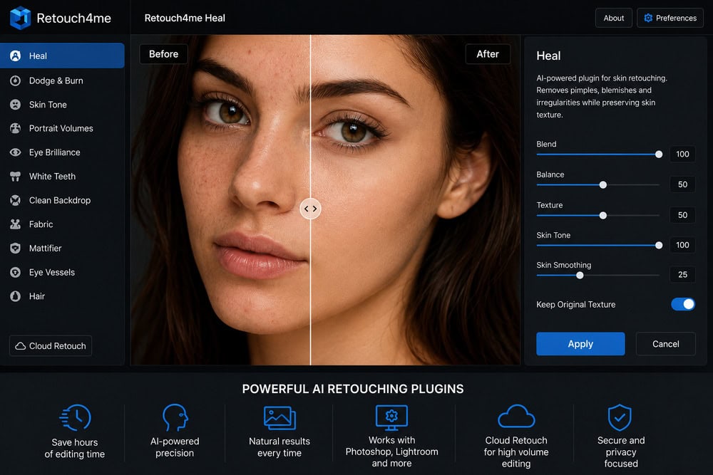Retouch4me software interface showing AI skin retouching workflow