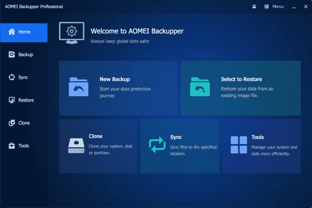AOMEI Backupper dashboard interface with backup, restore, clone, and synchronization tools.