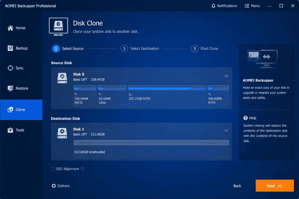 AOMEI Backupper disk clone interface showing SSD migration and system cloning process
