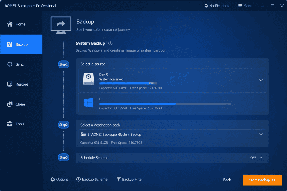 AOMEI Backupper system backup interface showing Windows system image creation process