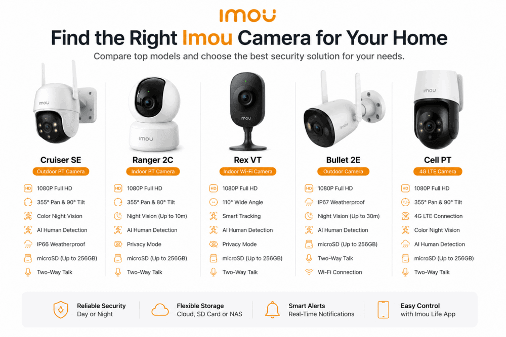 Comparison of popular Imou camera models including Cruiser SE, Ranger 2C, Rex VT, Bullet 2E, and Cell PT