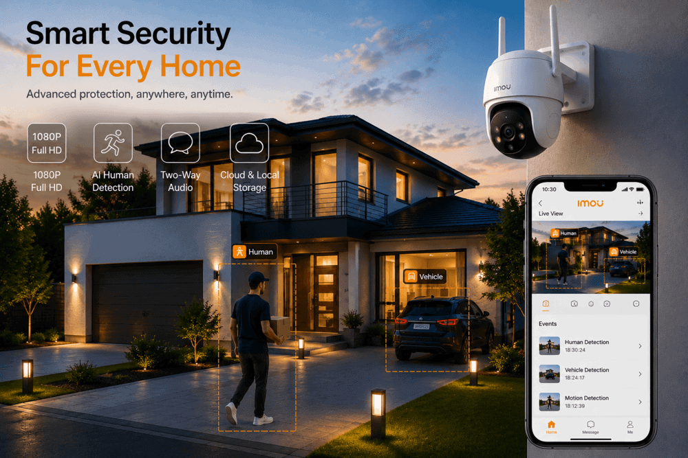 Imou camera protecting a modern smart home with AI detection and remote monitoring
