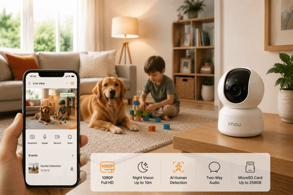 Imou camera monitoring a child and a pet indoors with AI human detection and two-way audio