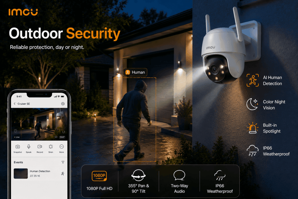 Imou camera providing outdoor security with AI human detection, color night vision, and spotlight
