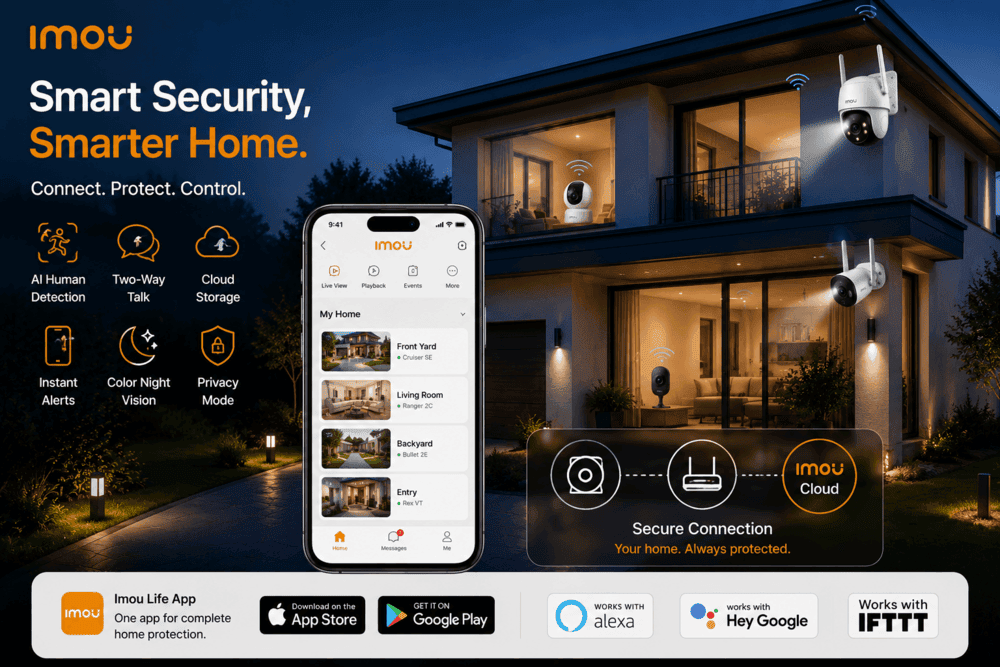 Imou camera connected to a smart home with remote monitoring and AI security features