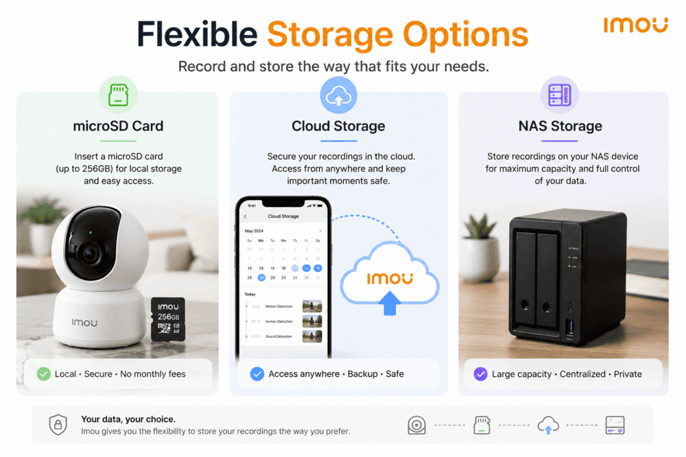 Imou camera storage comparison between microSD card, cloud storage, and NAS