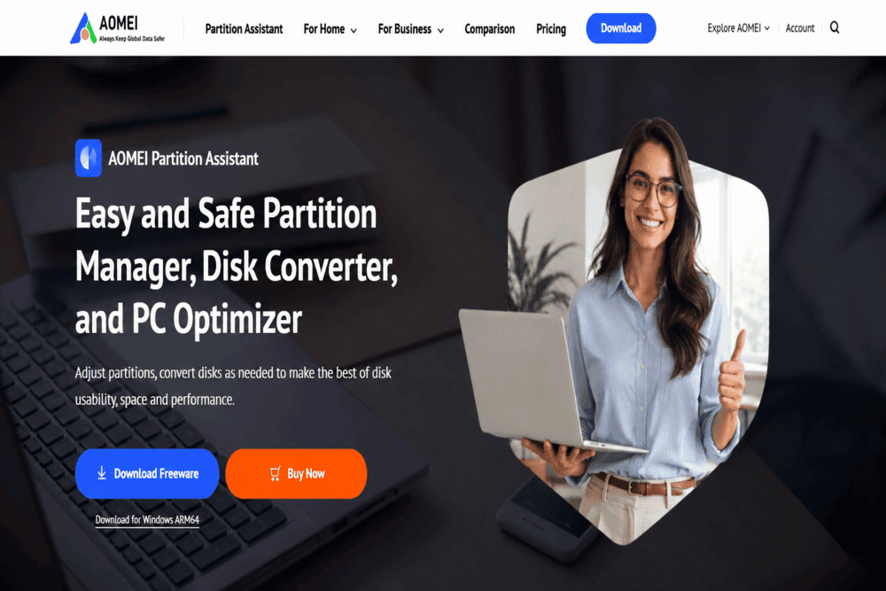 AOMEI Partition Assistant review showing the main software and disk management features